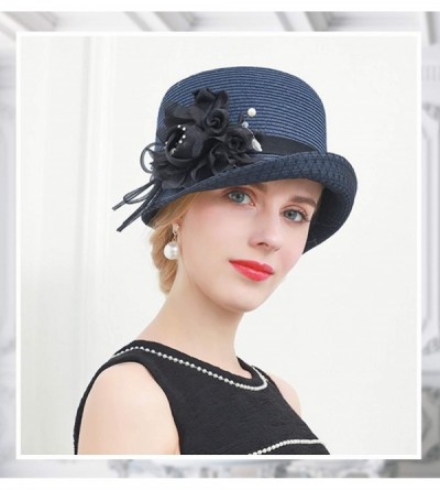 Sun Hats Women Cloche Straw Hat Derby Gatsby 20s - Navy Blue - CP18CKKL4UR $20.27