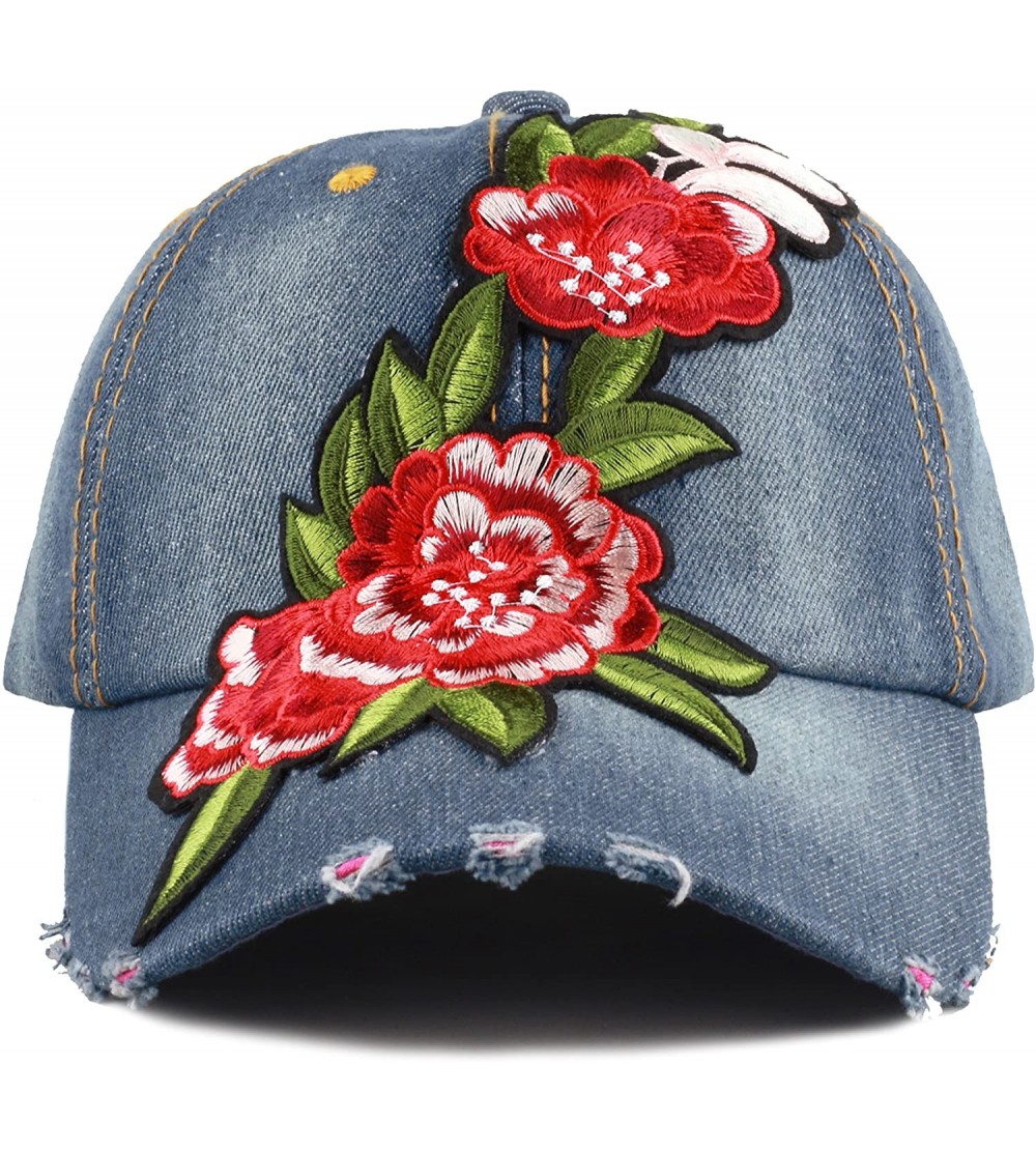 Baseball Caps 200 Bling Jewel Rhinestone Rose Patch Washed Denim Baseball Cap - 22. Flower Patch-2 - CW18RE2AICH $15.29