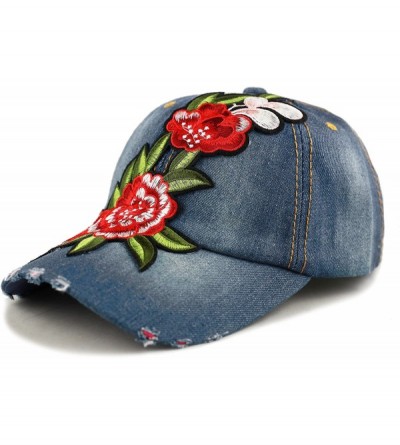 Baseball Caps 200 Bling Jewel Rhinestone Rose Patch Washed Denim Baseball Cap - 22. Flower Patch-2 - CW18RE2AICH $15.29