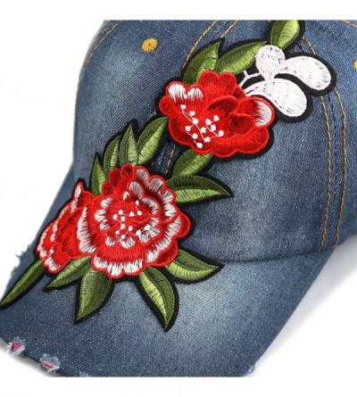 Baseball Caps 200 Bling Jewel Rhinestone Rose Patch Washed Denim Baseball Cap - 22. Flower Patch-2 - CW18RE2AICH $15.29