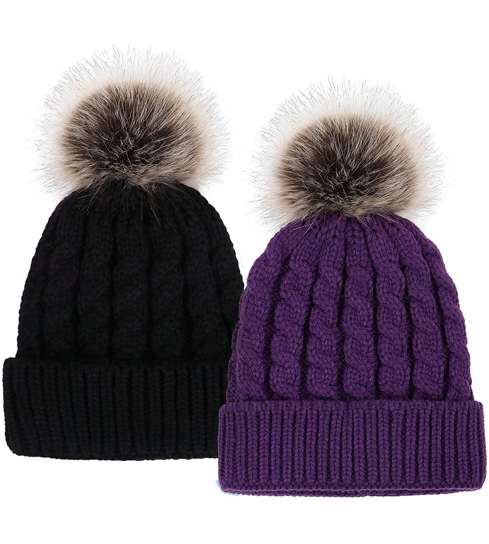 Skullies & Beanies Womens Winter Hand Knit Faux Fur Pompoms Beanie Hat - Black/Purple - CW18DW0EZLK $18.95