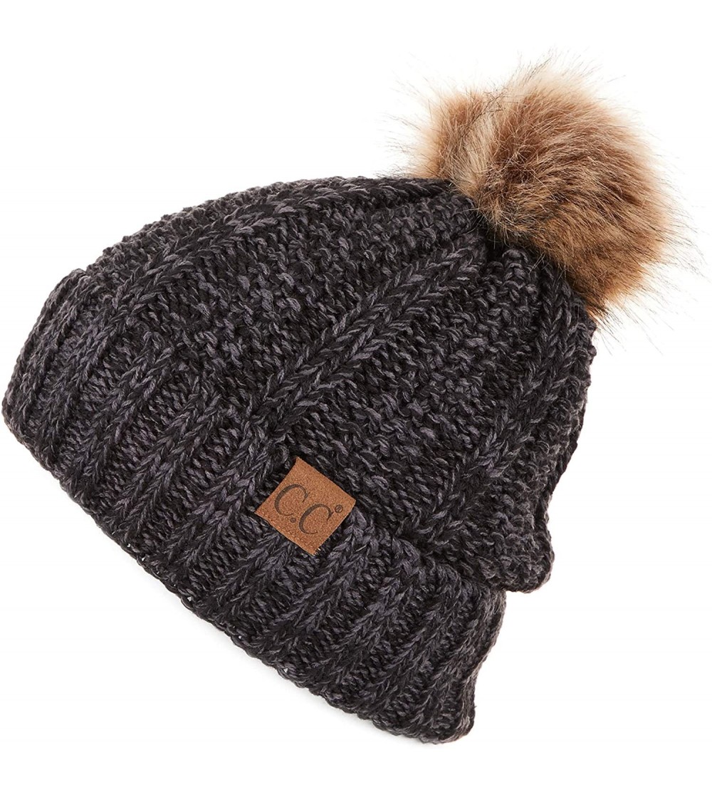 Skullies & Beanies Exclusives Fuzzy Lined Knit Fur Pom Beanie Hat (YJ-820) - Black Mix - C318I6SWM7K $21.27