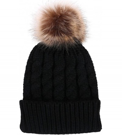 Skullies & Beanies Womens Winter Hand Knit Faux Fur Pompoms Beanie Hat - 2 Pcs Black/Cream - C511HJGJPGF $18.76