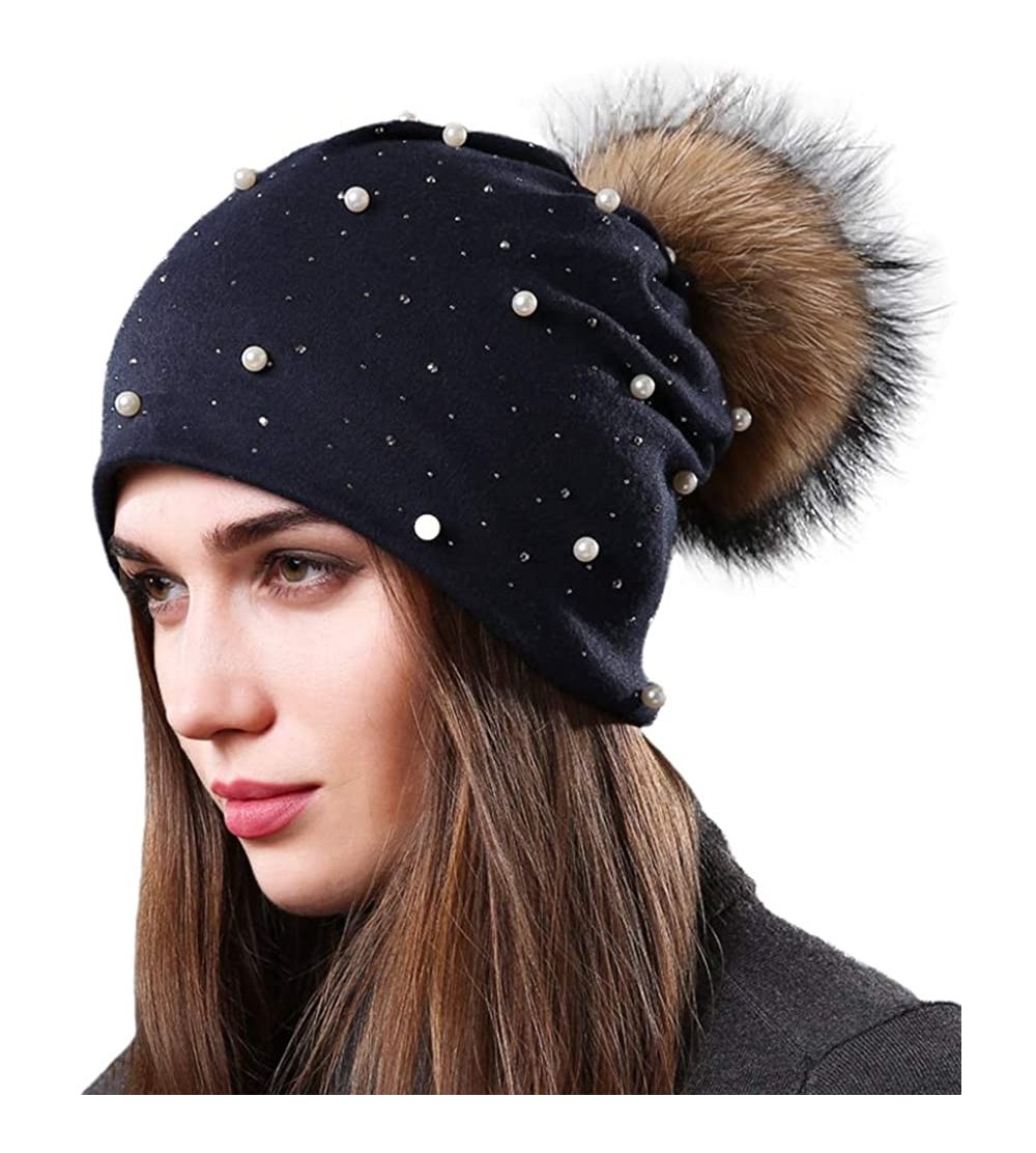 Skullies & Beanies Womens Slouchy Beanie Hat with Real Raccoon Fur Pompom Cotton Pearls Winter Fall Hat - Navy 2 - CF1927N882...