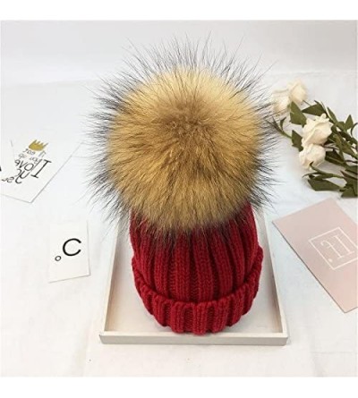 Skullies & Beanies Knitted Warm Winter Slouchy Beanie Hats with Faux Fur Pom Pom Hat Chunky Slouchy Ski Cap - Pink - CF188HTN...