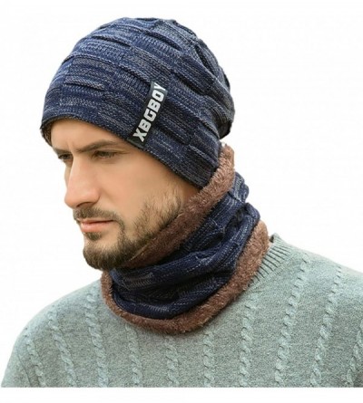 Skullies & Beanies Mens Winter Knitting Wool Warm Hat Daily Slouchy Hats Beanie Skull Cap - Navy(hat+scarf) - CI18LDMQSTK $11.76