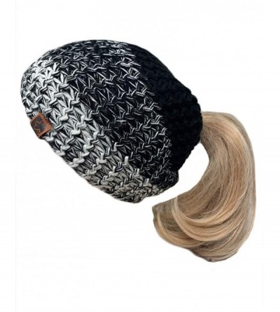 Skullies & Beanies Ponytail Messy Bun Mix Knit BeanieTail Womens Beanie - Black - CQ18LUHRCYS $10.10