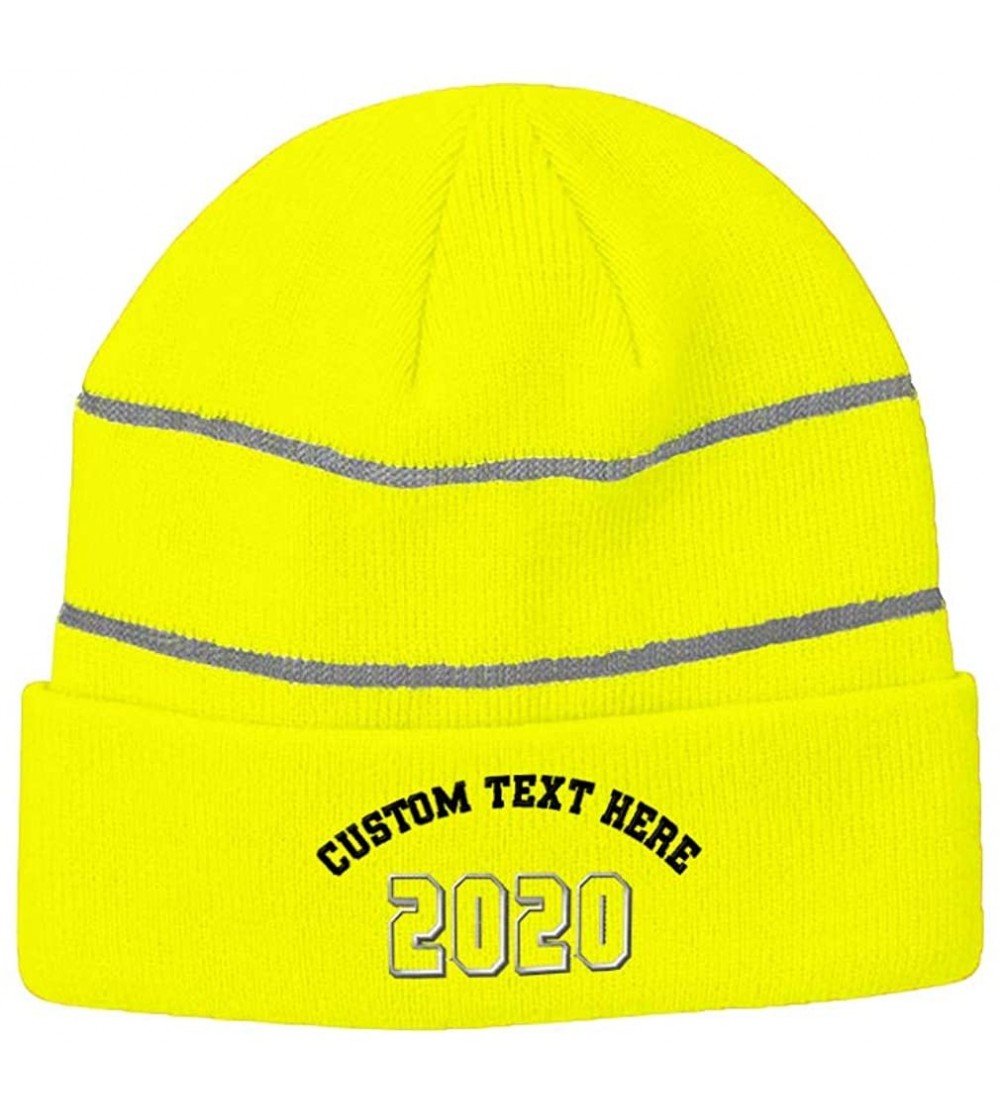 Skullies & Beanies Custom Reflective Beanie 2020 Happy New Year Embroidery Acrylic - Neon Yellow - CD18ZTTDHNR $19.71