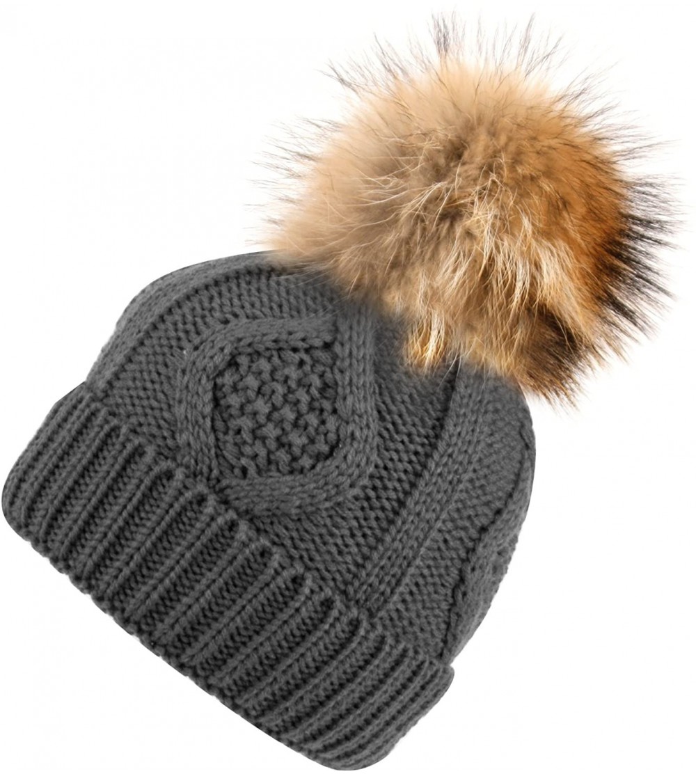 Skullies & Beanies BN2355 Solid Cable Knit Real Raccoon Fur Pom Pom Skull Cap Hat Beanie - Gray - CG12NTJTXIK $15.53