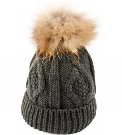 Skullies & Beanies BN2355 Solid Cable Knit Real Raccoon Fur Pom Pom Skull Cap Hat Beanie - Gray - CG12NTJTXIK $15.53