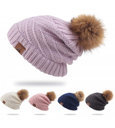 Skullies & Beanies Women Winter Knit Beanie with Fur Pompom Slouchy Cozy Warm Hat Girl Oversize Stretchy Snowboarding Ski Cap...