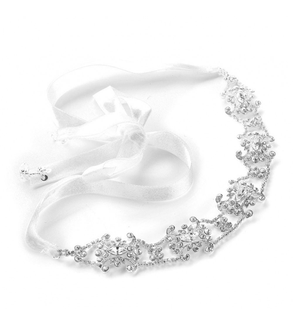 Headbands Vintage Crystal Bridal for Women- Wedding Hair Accessories for Bride- White Ribbon - CJ12NS3QBUQ $18.05