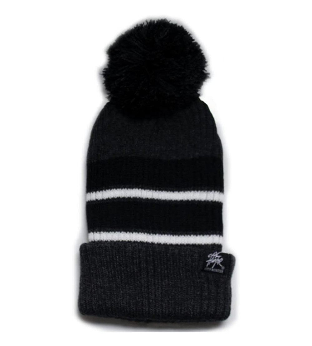 Skullies & Beanies Sk907 Stripe Vertical Ribbed Pom Beanie - Grey/Black - CZ11GHE7F49 $14.66