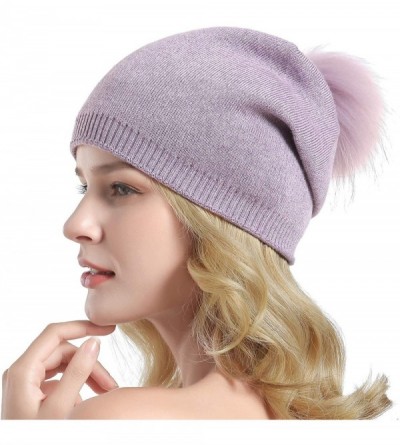 Skullies & Beanies Women Knit Wool Beanie - Winter Solid Cashmere Ski Hats Real Raccoon Fur Pom Pom - 11- Purple - C318KH673T...