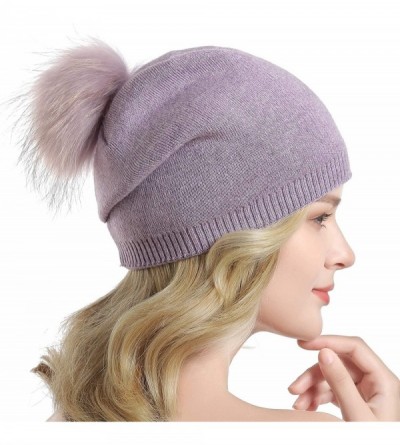 Skullies & Beanies Women Knit Wool Beanie - Winter Solid Cashmere Ski Hats Real Raccoon Fur Pom Pom - 11- Purple - C318KH673T...