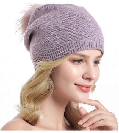 Skullies & Beanies Women Knit Wool Beanie - Winter Solid Cashmere Ski Hats Real Raccoon Fur Pom Pom - 11- Purple - C318KH673T...