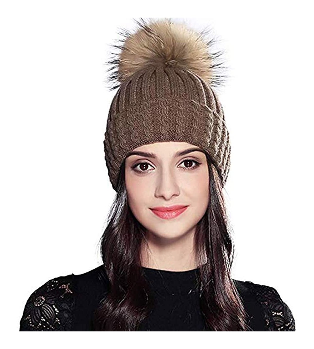 Skullies & Beanies Women Fashion Warm Winter Knitted Beanie Fur Ball Pom Hat Crochet Ski Cap - Coffee - CA18HOER4ZD $12.80