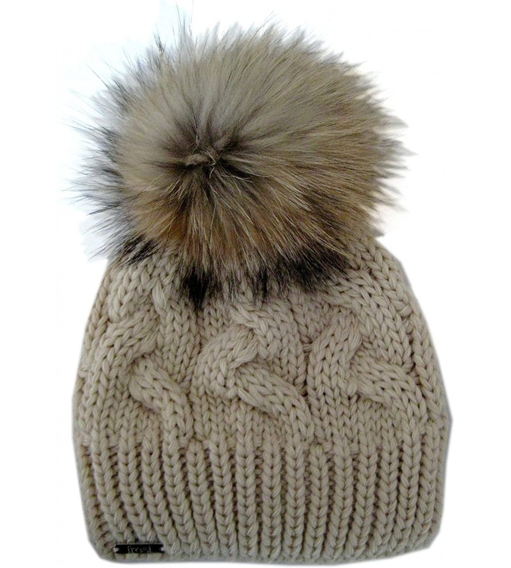 Skullies & Beanies Warm and Soft Winter Beanie with Detachable Genuine Raccoon Fur Pom M-179SRN - Beige - C711ZTTBMO7 $33.43