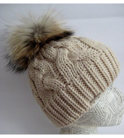 Skullies & Beanies Warm and Soft Winter Beanie with Detachable Genuine Raccoon Fur Pom M-179SRN - Beige - C711ZTTBMO7 $33.43