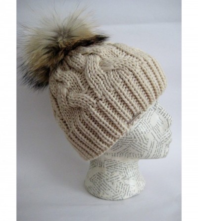 Skullies & Beanies Warm and Soft Winter Beanie with Detachable Genuine Raccoon Fur Pom M-179SRN - Beige - C711ZTTBMO7 $33.43