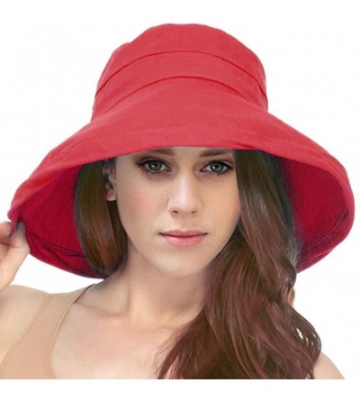 Sun Hats Women's Spring/Summer 100% Cotton Beach & Garden Foldable Bucket Hat - Red - C018E4O0C4S $13.75