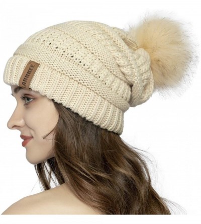 Skullies & Beanies Women Knit Beanie hat with Faux Fur Pom Pom Hats Thick Soft Warm Slouchy Chunky Baggy Ski Cap for Lady - C...