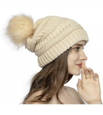 Skullies & Beanies Women Knit Beanie hat with Faux Fur Pom Pom Hats Thick Soft Warm Slouchy Chunky Baggy Ski Cap for Lady - C...