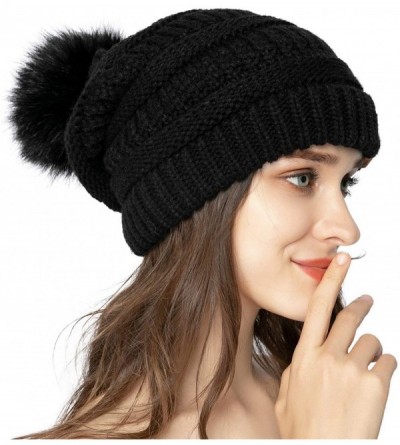 Skullies & Beanies Women Knit Beanie hat with Faux Fur Pom Pom Hats Thick Soft Warm Slouchy Chunky Baggy Ski Cap for Lady - C...