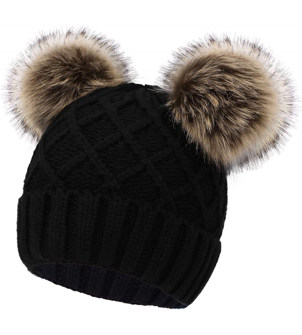 Skullies & Beanies Womens Beanie Winter Cable Knit Faux Fur Pompom Ears Beanie Hat - Black - CJ1923AEM9A $13.65