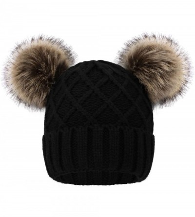 Skullies & Beanies Womens Beanie Winter Cable Knit Faux Fur Pompom Ears Beanie Hat - Black - CJ1923AEM9A $13.65