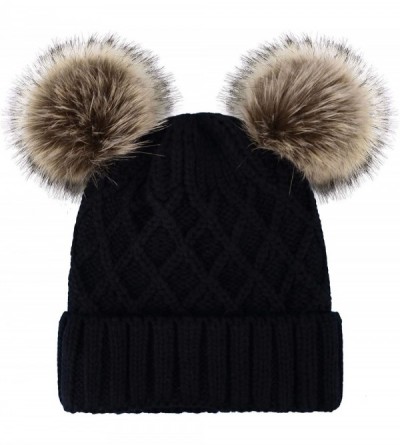 Skullies & Beanies Womens Beanie Winter Cable Knit Faux Fur Pompom Ears Beanie Hat - Black - CJ1923AEM9A $13.65