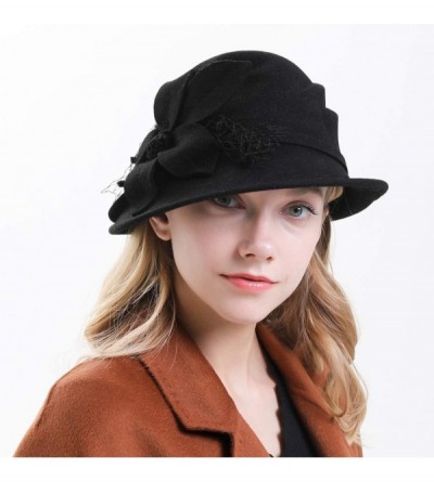 Fedoras Women's Floral Trimmed Wool Blend Cloche Winter Hat - Model C - Black - CF192MXRDY6 $29.09