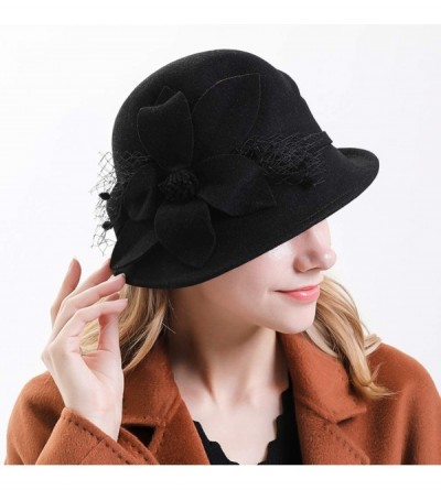 Fedoras Women's Floral Trimmed Wool Blend Cloche Winter Hat - Model C - Black - CF192MXRDY6 $29.09