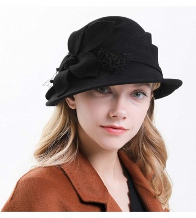 Fedoras Women's Floral Trimmed Wool Blend Cloche Winter Hat - Model C - Black - CF192MXRDY6 $29.09