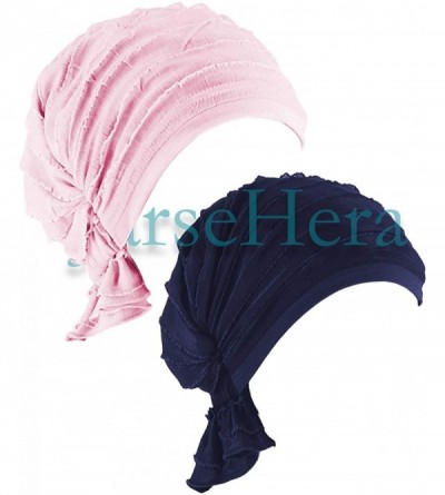 Skullies & Beanies Women Ruffle Chemo Headwear Slip-on Cancer Scarf Stretch Cap Turban for Hair Loss - 2 Pair Basic-pink+navy...