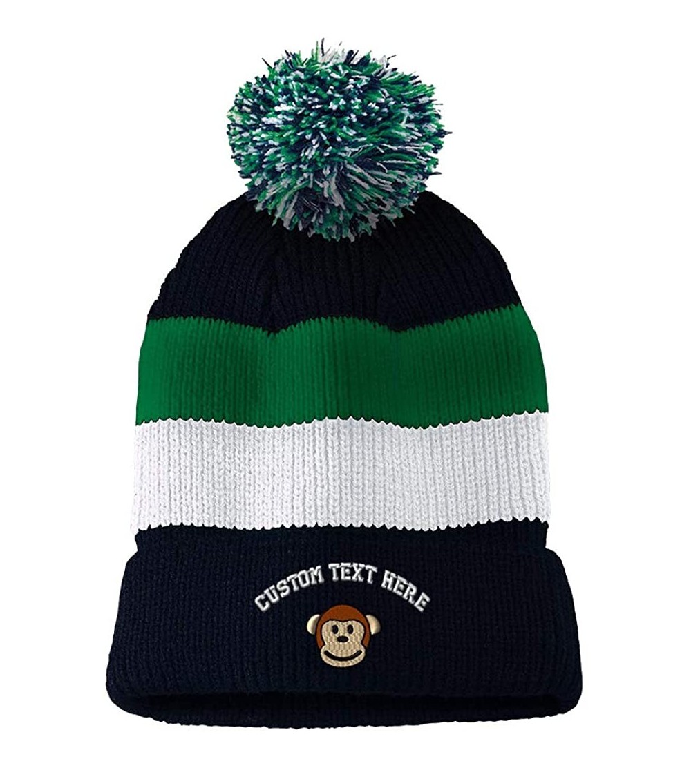 Skullies & Beanies Custom Vintage Pom Pom Beanie Cute Monkey Face Embroidery Acrylic - Navy Stripes - C018H5M7QY3 $17.54