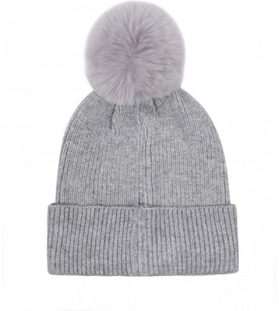 Skullies & Beanies Dog Mom Faux Fur Pompom Knit Beanie - Grey Hat White Dog Mom Grey Pompom - CA18Z3K3Q2A $15.76