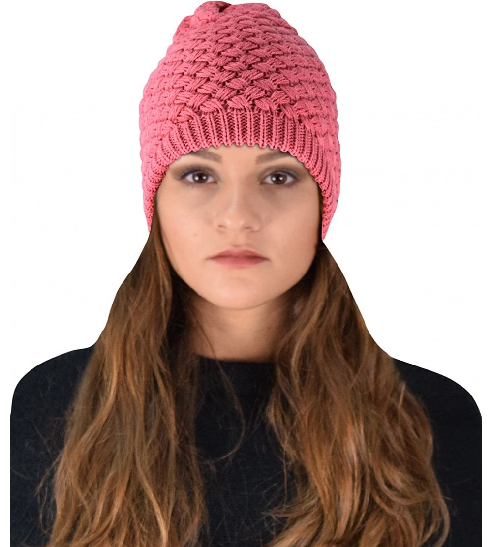 Skullies & Beanies Thick Crochet Knit Quilted Double Layer Beanie Slouchy Hat - Pink - CS12N4VNIUY $10.49