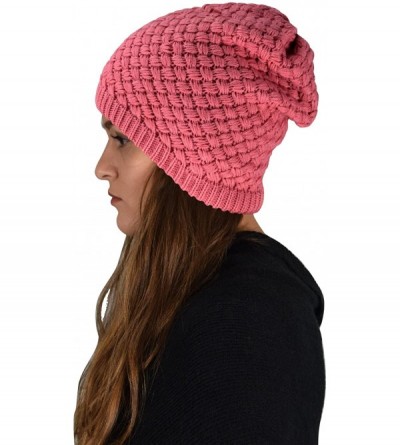 Skullies & Beanies Thick Crochet Knit Quilted Double Layer Beanie Slouchy Hat - Pink - CS12N4VNIUY $10.49