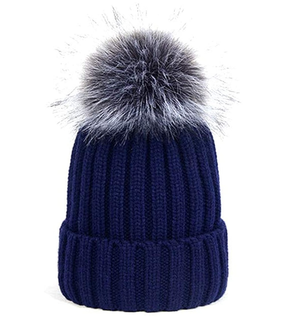 Skullies & Beanies Women Warm Faux Fur Pom Hat Soft Thick Cable Knit Winter Cap Cuff Beanie - Navy Blue - CC188S5KRX0 $10.10