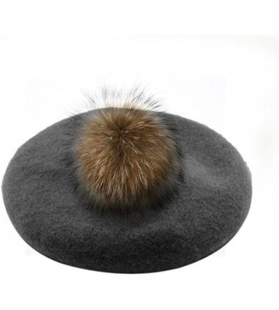 Berets Womens French Beret Cap Wool Knit Winter Warm Beanie Hats with Fur Ball Pom Pom - Grey - C512O2GL686 $19.84