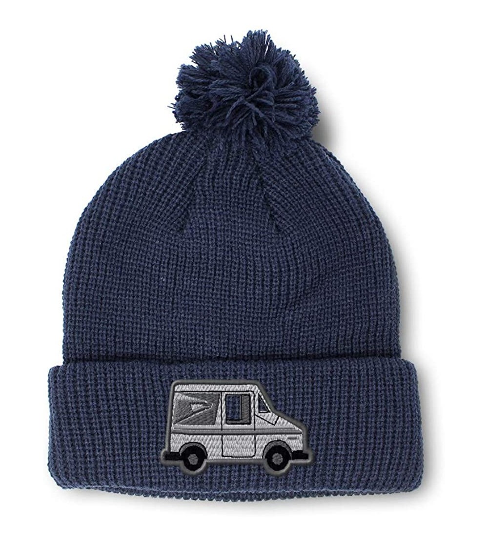 Skullies & Beanies Custom Pom Pom Beanie Mailman Truck Postal A Embroidery Acrylic - Navy - CH18A0DYKDA $15.23