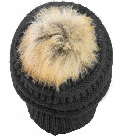 Skullies & Beanies Women Hat Faux Fur Pom Pom Winter Wool Beanie Thick Knit Snow Ski Cable Cap - Blck - CR194LLZ6OM $12.02