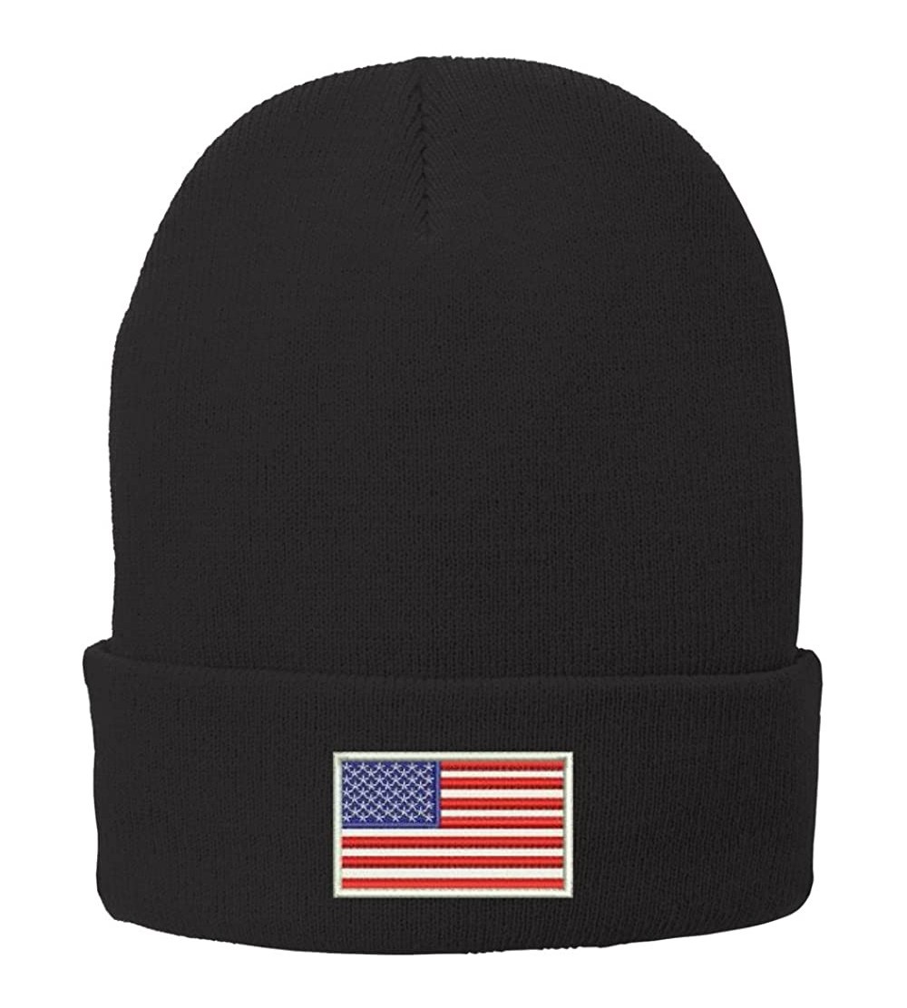 Skullies & Beanies US American Flag White Embroidered Winter Folded Long Beanie - Black - CK12MYPTB1B $14.24