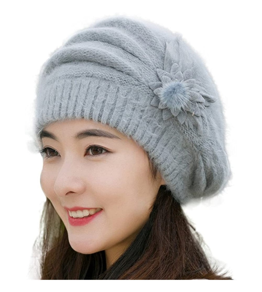 Berets Beret Cap- Fashion Womens Flower Knit Crochet Beanie Hat Winter Warm Cap (Grey) - CY12OCSHHHA $9.17