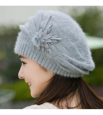 Berets Beret Cap- Fashion Womens Flower Knit Crochet Beanie Hat Winter Warm Cap (Grey) - CY12OCSHHHA $9.17