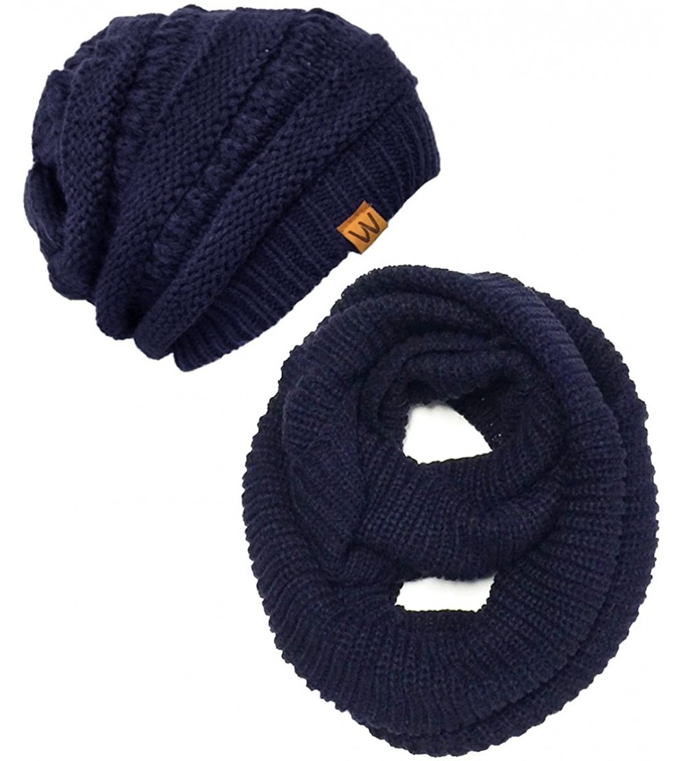 Skullies & Beanies Winter Warm Knitted Infinity Scarf and Beanie Hat - Navy_1 - CB18ZTXWEZT $14.86