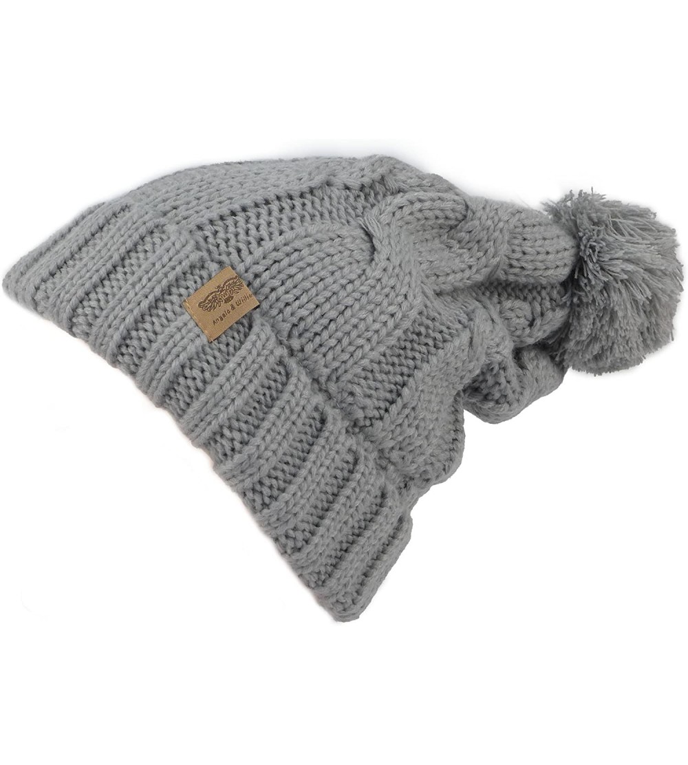 Skullies & Beanies Fleece Lined Warm Knitted Slouchy Pom Pom Cable Beanie Cap Hat - Grey - CD1874USXHZ $9.84