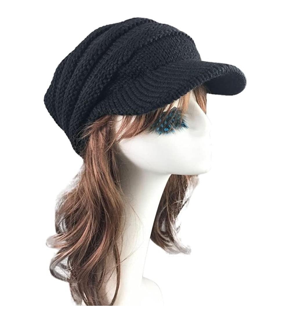 Berets Women Ladies Winter Knitting Hat Warm Artificial Wool Snow Ski Caps With Visor - T-black - CI1897T2XZR $8.72