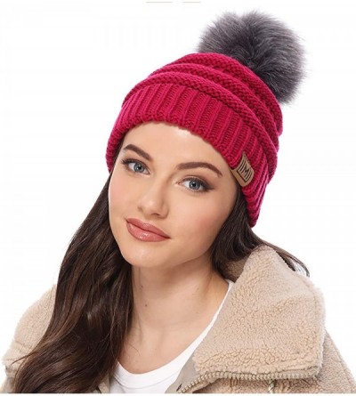 Skullies & Beanies Women's Soft Stretch Cable Knit Warm Skully Faux Fur Pom Pom Beanie Hats - Fuchsia - CE18GQQCQYD $9.66